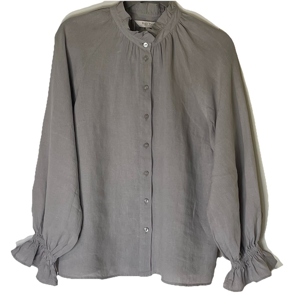 Part Two Copenhagen Linen Blouse Gray‎ Ruffle Collar Raglan Sleeve Sz 36 S